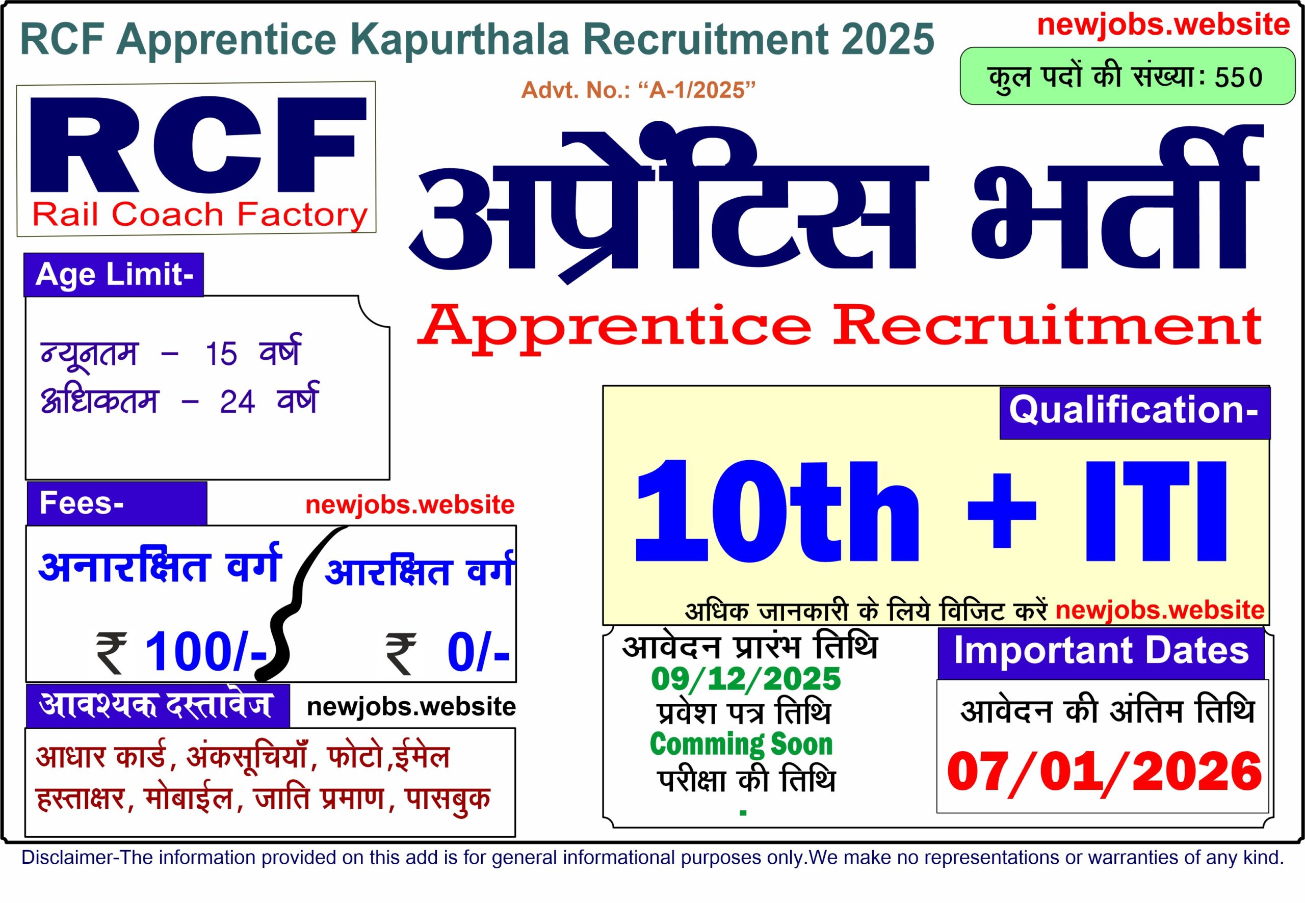 RCF Apprentice Kapurthala Recruitment 2025 Apply Online for 550 Trade Posts