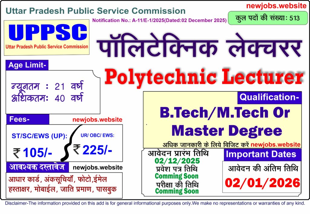 UPPSC Tech. Education Teaching Service Recruitment 2025, Apply Online for 513 Posts