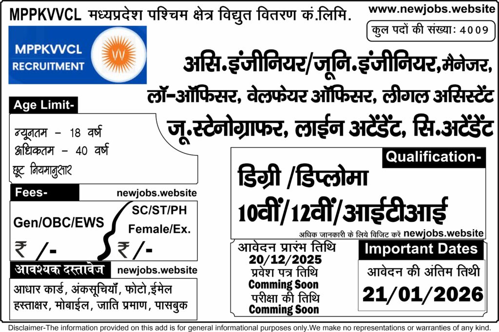 MPPKVVCL AE, JE & Attendent Recruitment 2025 Apply Online for 4009 Post Mppkvvcl Recruitment 2026 1024x681