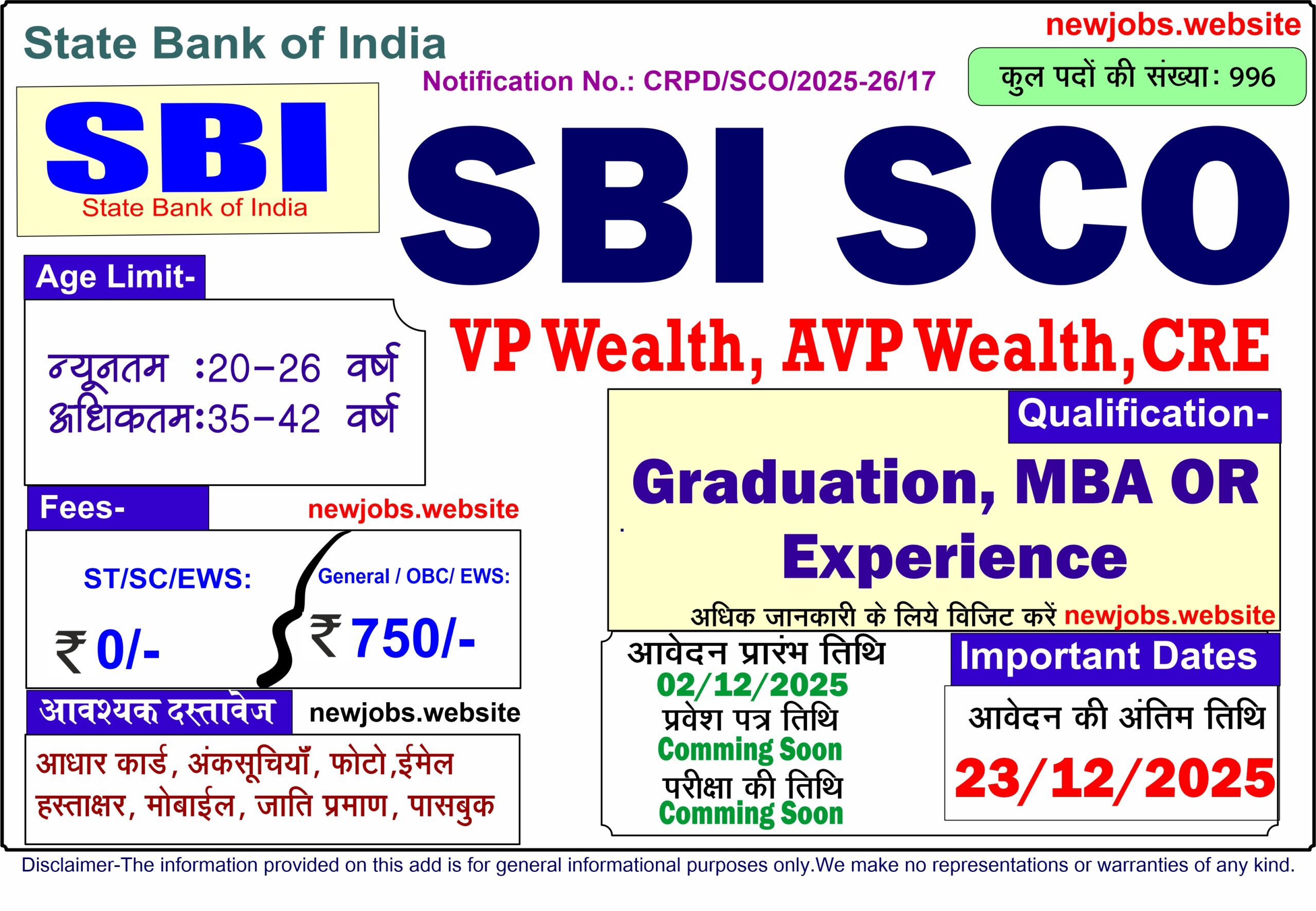 State Bank of India SCO Recruitment 2025, Apply Online for 996 Posts