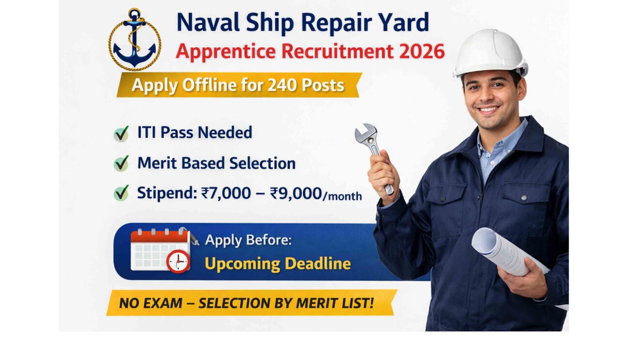 Naval Ship Repair Yard Apprentice Recruitment 2026: 240 Posts Apply Offline | ITI Jobs