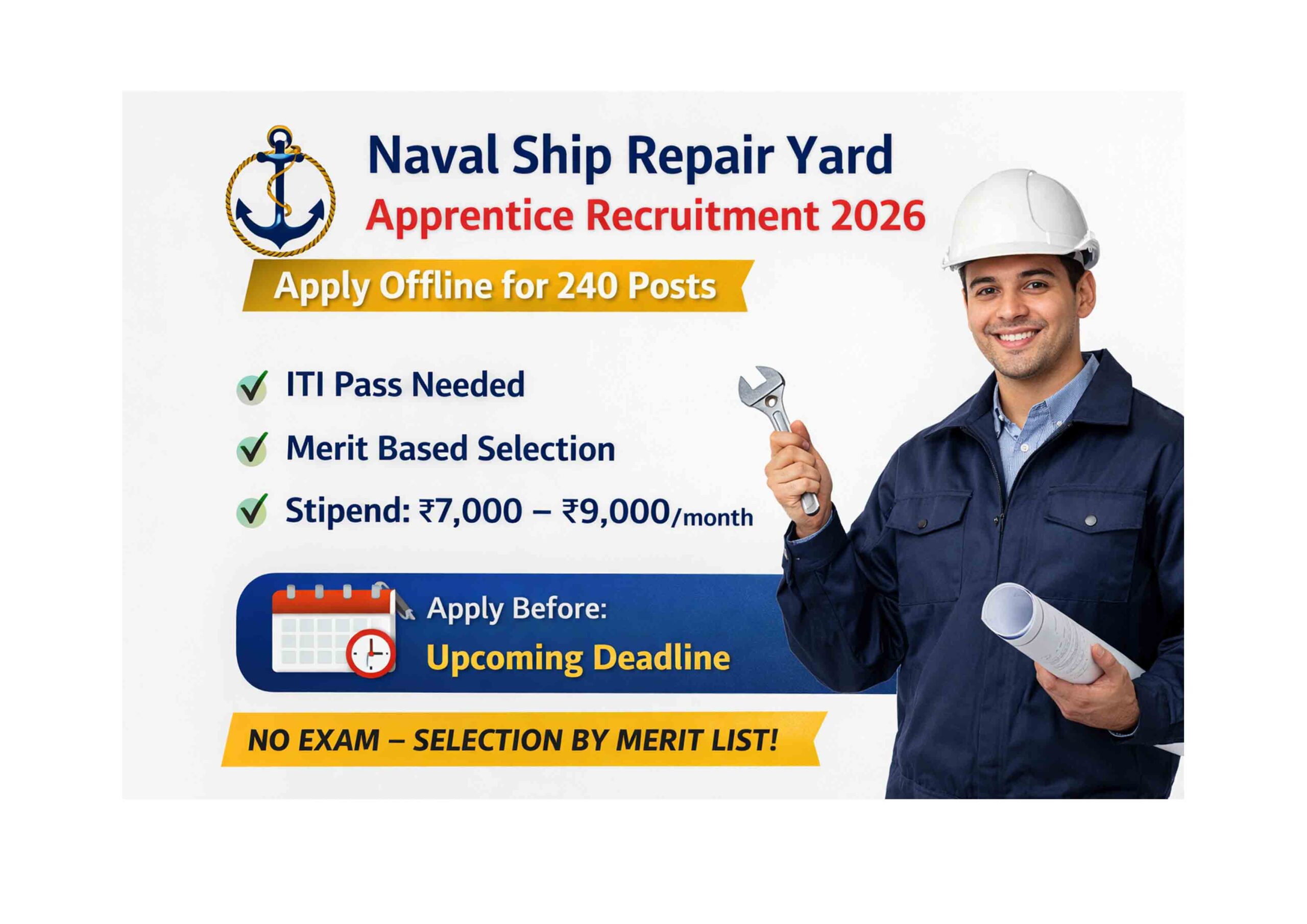 Naval Ship Repair Yard Apprentice Recruitment 2026: 240 Posts Apply Offline | ITI Jobs