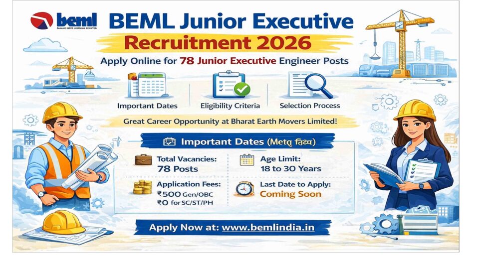 BEML Junior Executive Recruitment 2026 poster with 78 posts and apply online details