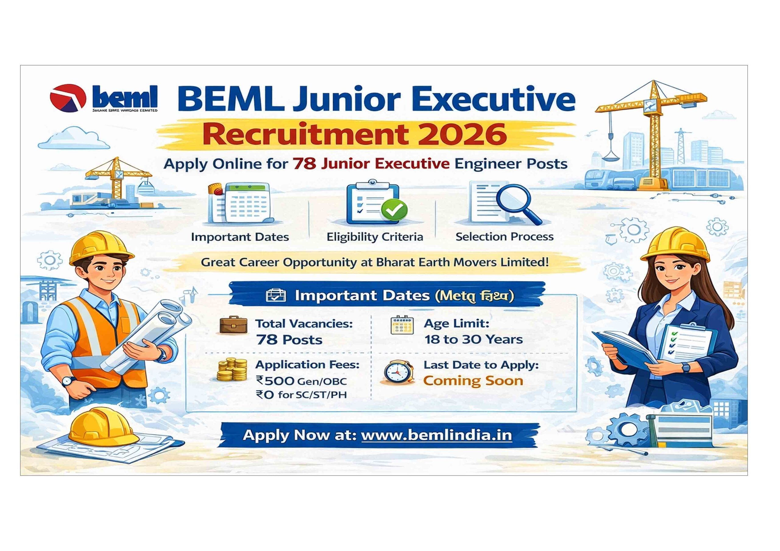 BEML Junior Executive Recruitment 2026 poster with 78 posts and apply online details