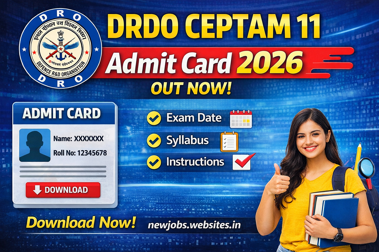 DRDO CEPTAM 11 Admit Card 2026 out now poster showing download link, exam date, syllabus, and instructions