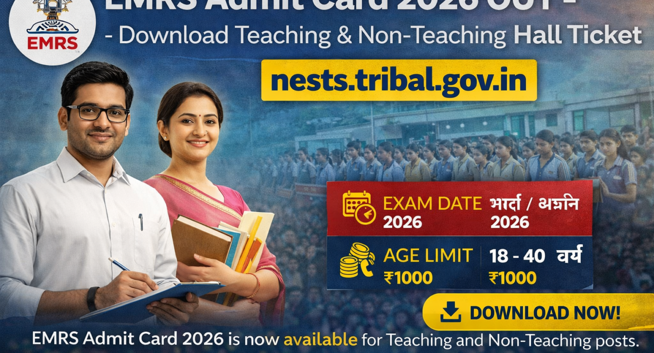 EMRS Admit Card 2026 डाउनलोड पोस्टर Teaching Non Teaching हॉल टिकट nests tribal gov in newjobs website