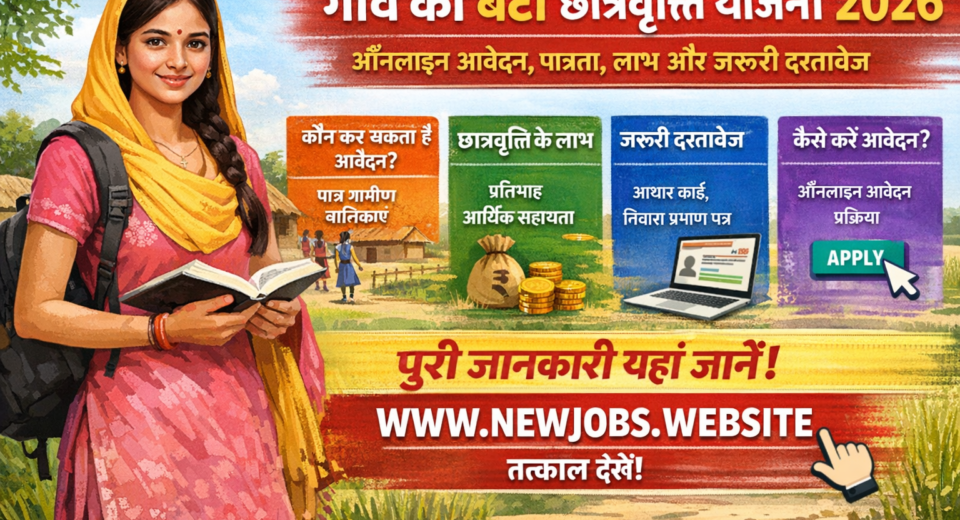 गांव की बेटी छात्रवृत्ति योजना 2026 का वायरल पोस्टर जिसमें ऑनलाइन आवेदन प्रक्रिया, पात्रता, लाभ और जरूरी दस्तावेज की जानकारी दी गई है। पोस्टर में एक ग्रामीण छात्रा किताब और बैग के साथ दिखाई दे रही है और नीचे वेबसाइट लिंक WWW.NEWJOBS.WEBSITE दिया गया है।