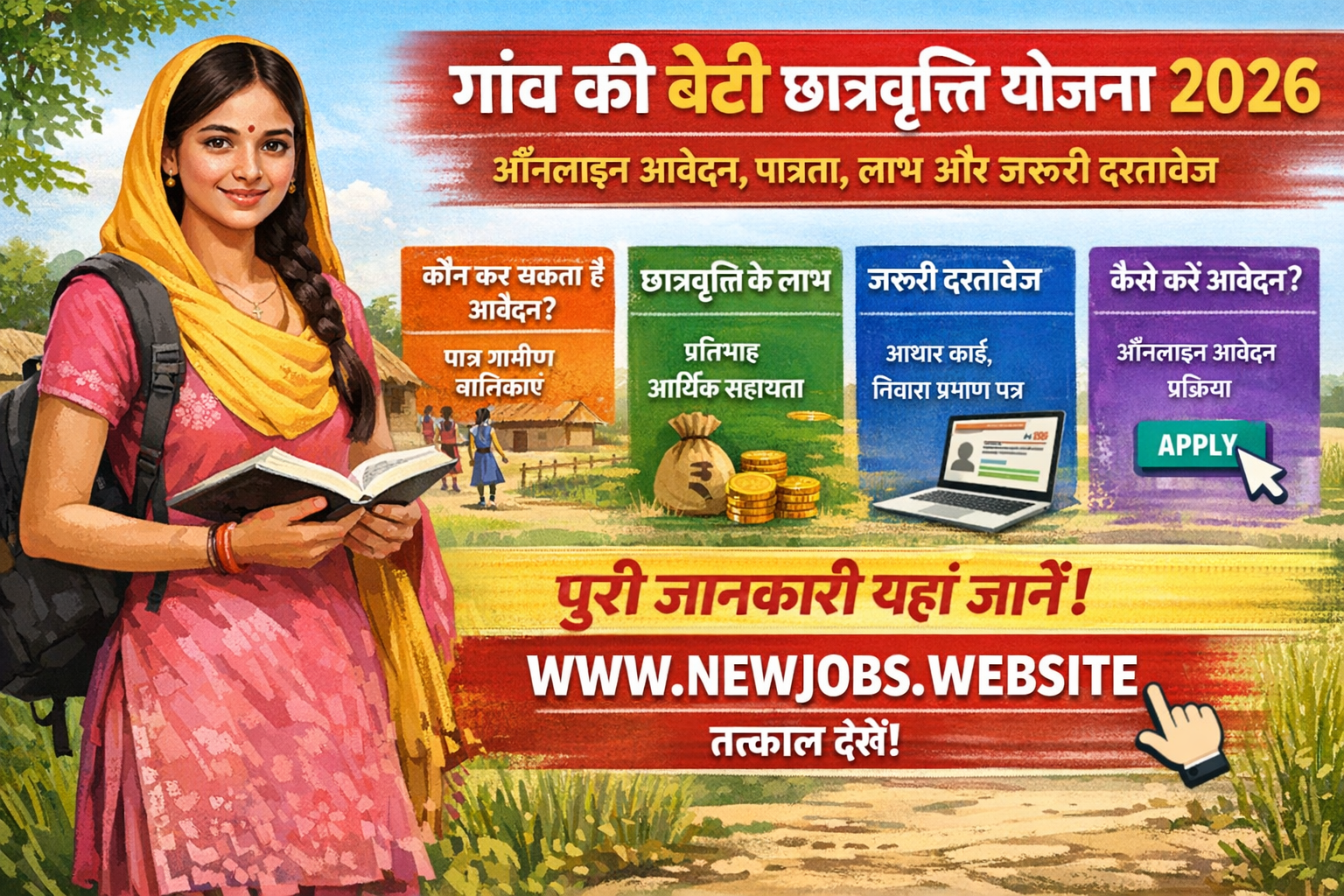 गांव की बेटी छात्रवृत्ति योजना 2026 का वायरल पोस्टर जिसमें ऑनलाइन आवेदन प्रक्रिया, पात्रता, लाभ और जरूरी दस्तावेज की जानकारी दी गई है। पोस्टर में एक ग्रामीण छात्रा किताब और बैग के साथ दिखाई दे रही है और नीचे वेबसाइट लिंक WWW.NEWJOBS.WEBSITE दिया गया है।