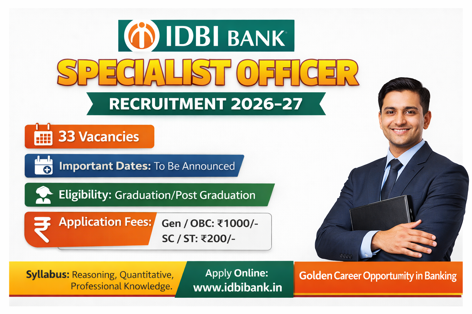 IDBI Bank Specialist Officer Recruitment 2026-27 poster with 33 vacancies, eligibility details, application fees, and apply online