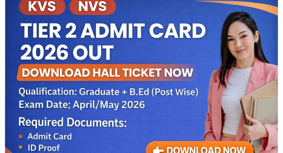KVS NVS Tier 2 Admit Card 2026 OUT poster with blue background, large bold heading, “Download Hall Ticket Now