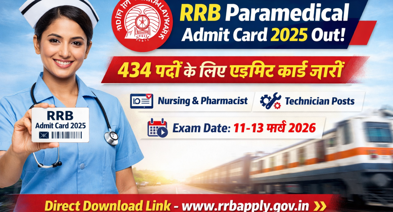 RRB Paramedical Admit Card 2025 poster showing a nurse holding admit card with Indian Railways logo and text “434 पदों के लिए एडमिट कार्ड जारी” along with exam date 11–13 March 2026 and direct download link.