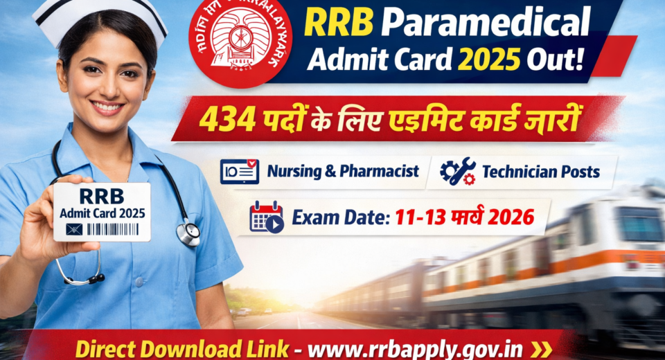 RRB Paramedical Admit Card 2025 poster showing a nurse holding admit card with Indian Railways logo and text “434 पदों के लिए एडमिट कार्ड जारी” along with exam date 11–13 March 2026 and direct download link.
