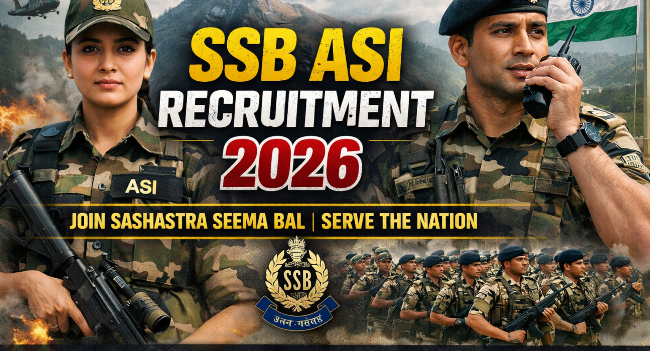 SSB Assistant Sub Inspector Recruitment 2026 poster showing SSB officers, apply online details, eligibility criteria, and government job opportunity in India
