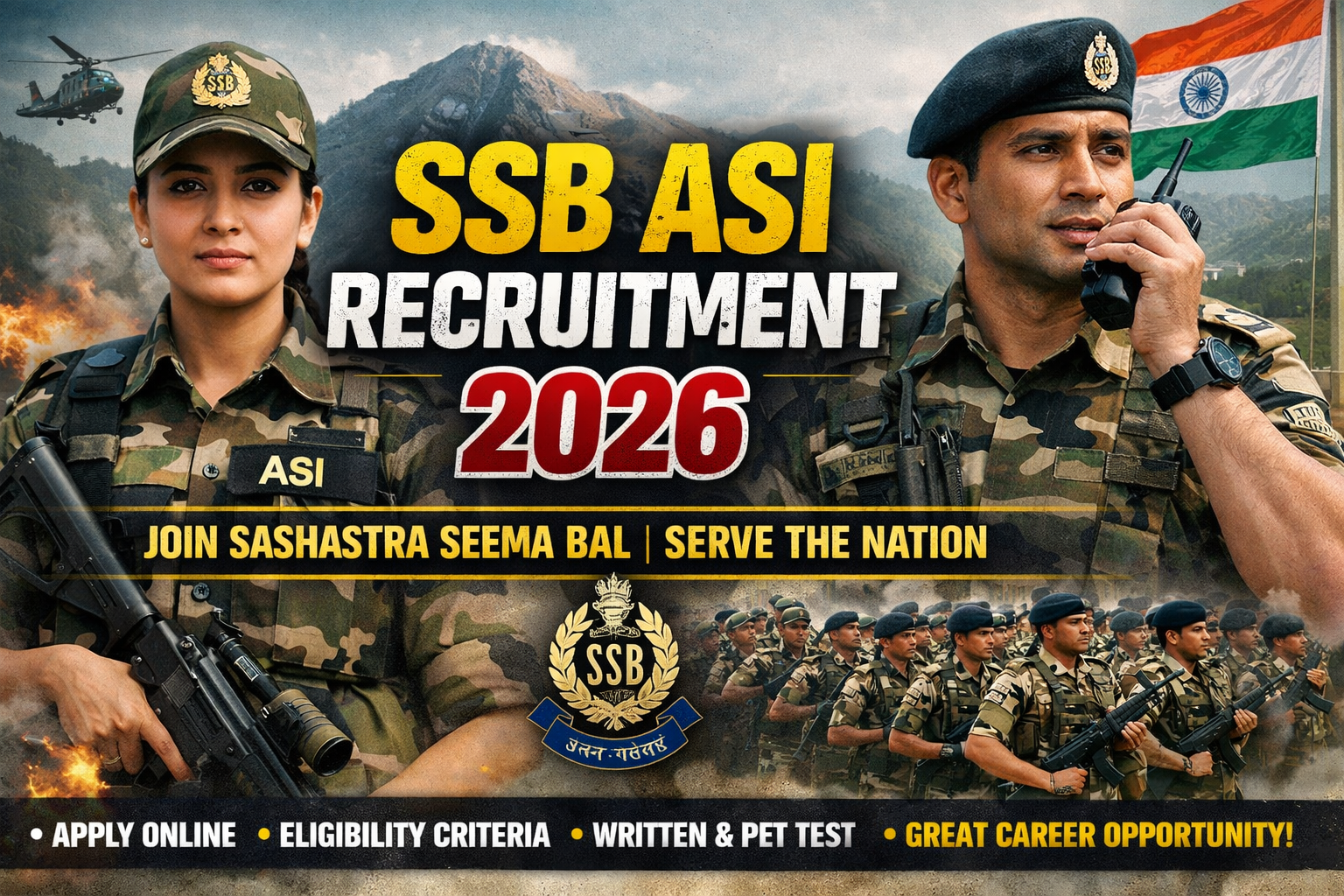 SSB Assistant Sub Inspector Recruitment 2026 poster showing SSB officers, apply online details, eligibility criteria, and government job opportunity in India