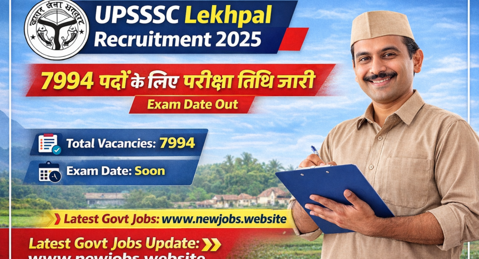 UPSSSC Lekhpal Recruitment 2025 poster showing 7994 vacancies exam date update with Latest Govt Jobs branding and website www.newjobs.website