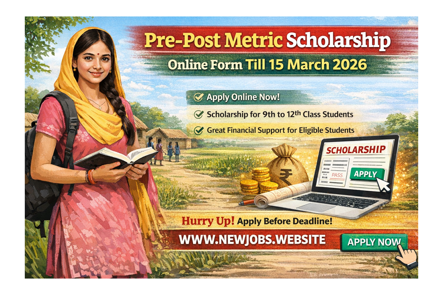 Pre-Post Metric Scholarship Online Form 2026 का वायरल पोस्टर जिसमें 15 मार्च 2026 तक ऑनलाइन आवेदन की अंतिम तिथि, 9वीं से 12वीं कक्षा के छात्रों के लिए छात्रवृत्ति जानकारी, वित्तीय सहायता और आवेदन करने की प्रक्रिया दिखाई गई है। पोस्टर में एक छात्रा किताब के साथ और नीचे वेबसाइट लिंक WWW.NEWJOBS.WEBSITE दिया गया है।