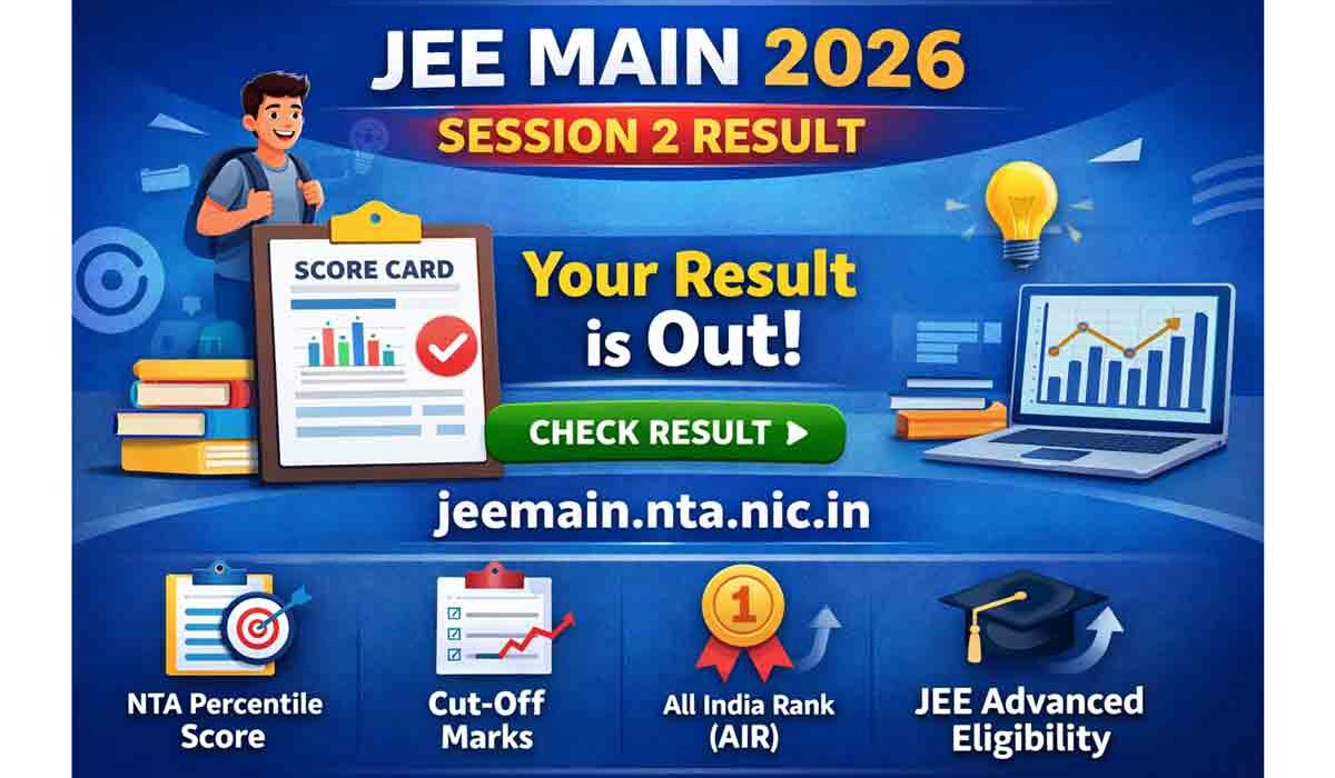 JEE Main 2026 Session 2 result announcement banner showing scorecard, percentile, AIR rank and check result button