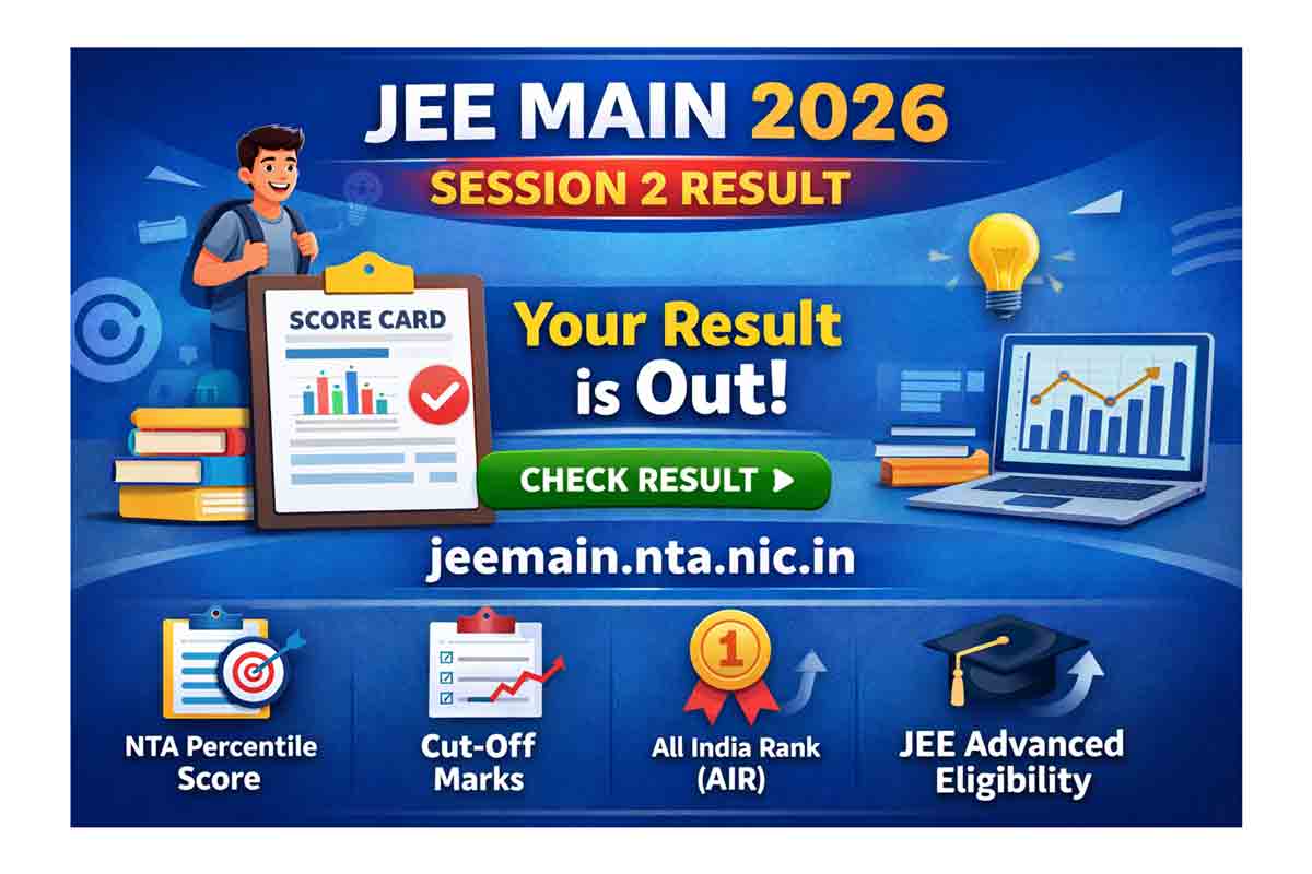 JEE Main 2026 Session 2 result announcement banner showing scorecard, percentile, AIR rank and check result button