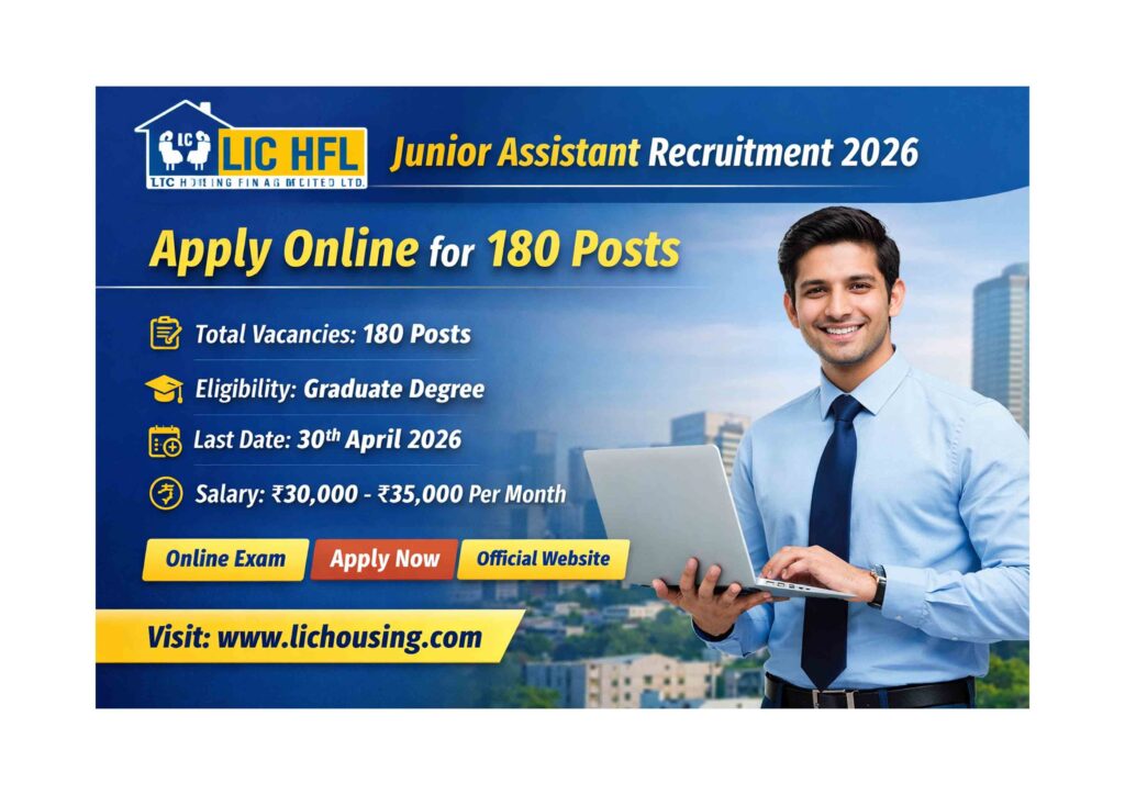 LIC HFL Junior Assistant Recruitment 2026 banner showing 180 vacancies, apply online details, eligibility criteria, last date 30 April 2026, and salary information for candidates.