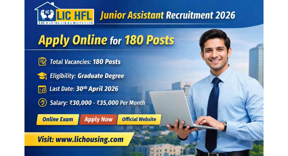 LIC HFL Junior Assistant Recruitment 2026 banner showing 180 vacancies, apply online details, eligibility criteria, last date 30 April 2026, and salary information for candidates.
