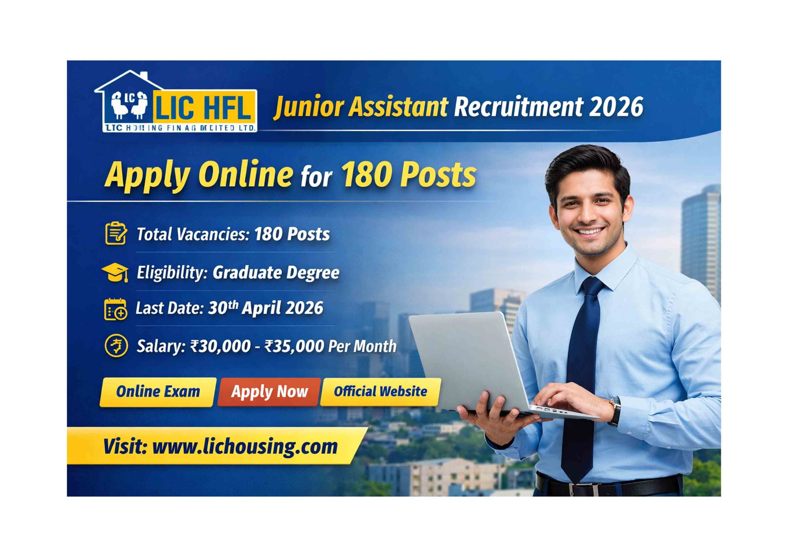 LIC HFL Junior Assistant Recruitment 2026 banner showing 180 vacancies, apply online details, eligibility criteria, last date 30 April 2026, and salary information for candidates.