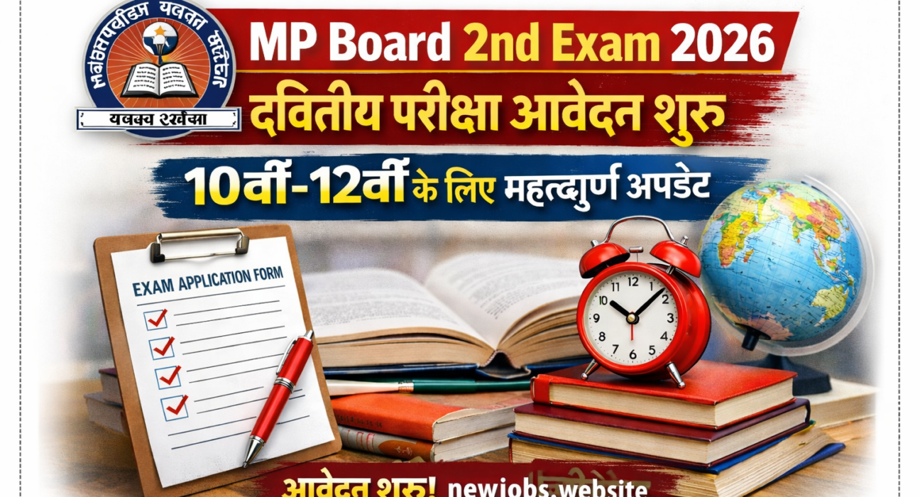 MP Board 2nd Exam 2026 application start notification image for Class 10th and 12th students with important updates and newjobs.website branding