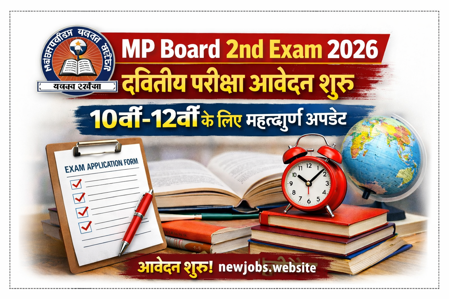 MP Board 2nd Exam 2026 application start notification image for Class 10th and 12th students with important updates and newjobs.website branding