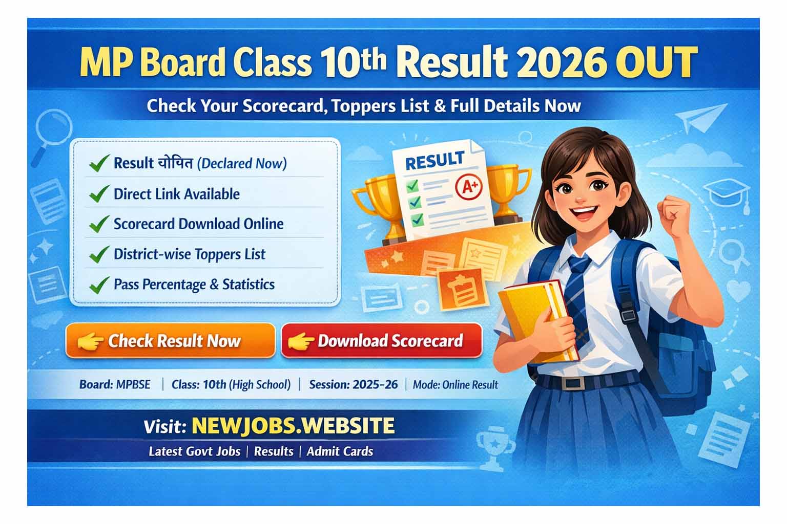 MP Board Class 10th Result 2026 OUT poster with direct link, scorecard download and toppers list details