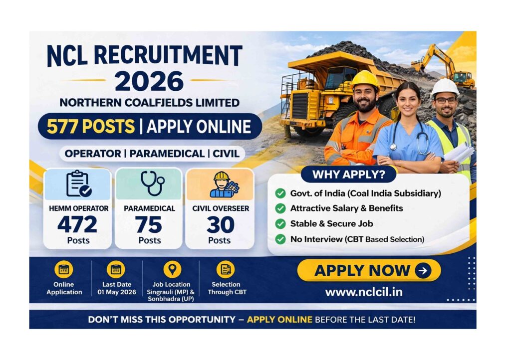 NCL Trainee Recruitment 2026: Apply Now NCL Recruitment 2026 poster showing 577 vacancies for Operator, Paramedical and Civil posts with apply online details, last date and selection process