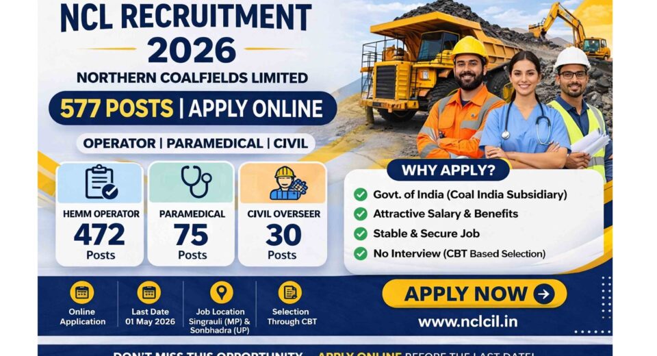 NCL Recruitment 2026 poster showing 577 vacancies for Operator, Paramedical and Civil posts with apply online details, last date and selection process