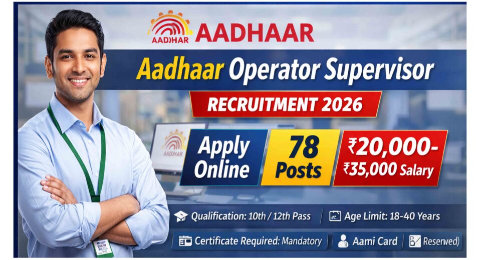 Aadhaar Operator Supervisor Recruitment 2026 78 Posts