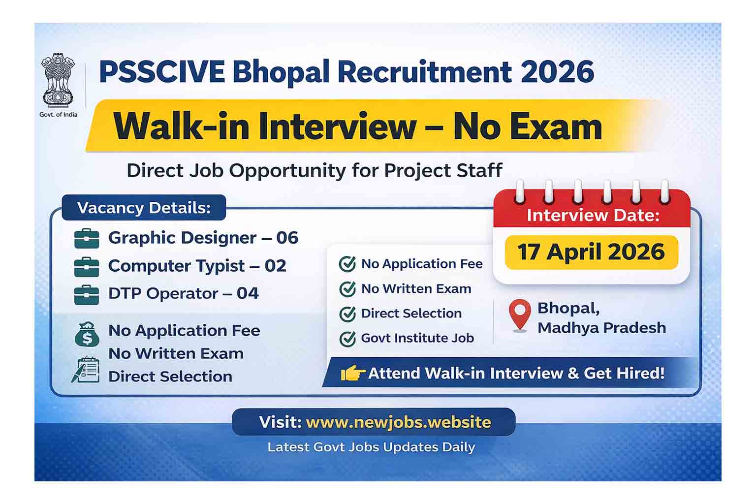 PSSCIVE Bhopal Project Staff Walk-in Interview 2026 No Exam Govt Job