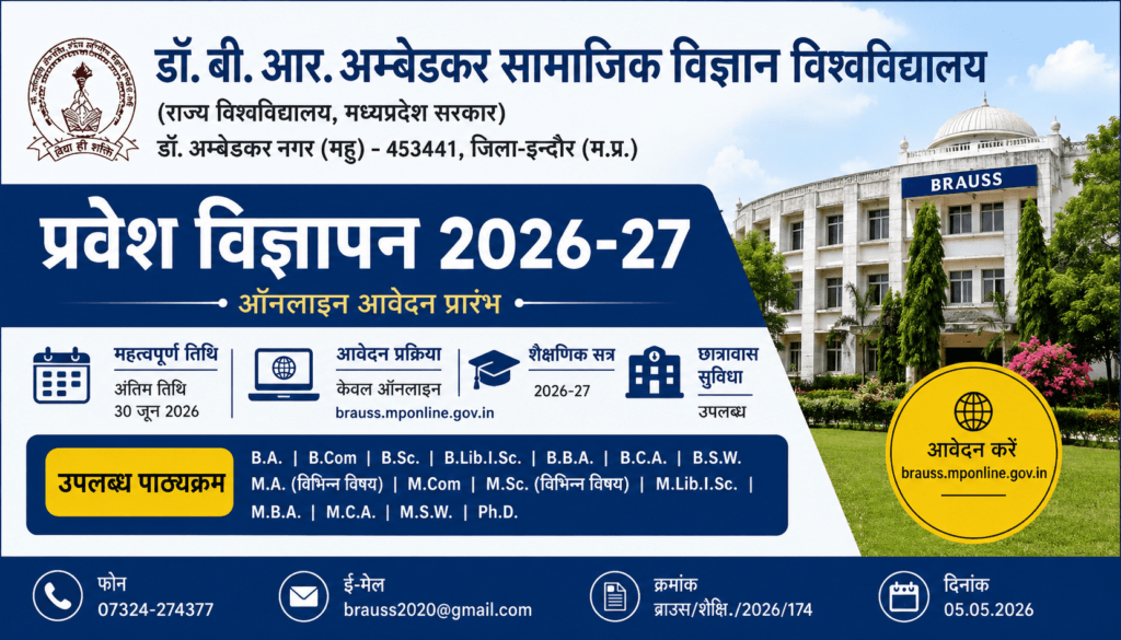 BRAUSS Admission 2026-27 official featured image showing online admission notification for UG and PG courses at Dr BR Ambedkar Social Science University Mhow Indore