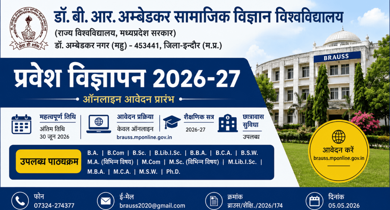 BRAUSS Admission 2026-27 official featured image showing online admission notification for UG and PG courses at Dr BR Ambedkar Social Science University Mhow Indore