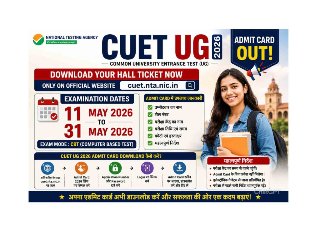 CUET UG 2026 Admit Card Out: Download Now CUET UG 2026 Admit Card Out: Exam Dates 11 May to 31 May 2026 and Hall Ticket Download DetailsCUET UG 2026 Admit Card Out Poster with Exam Dates 11 May to 31 May 2026 and Hall Ticket Download Details