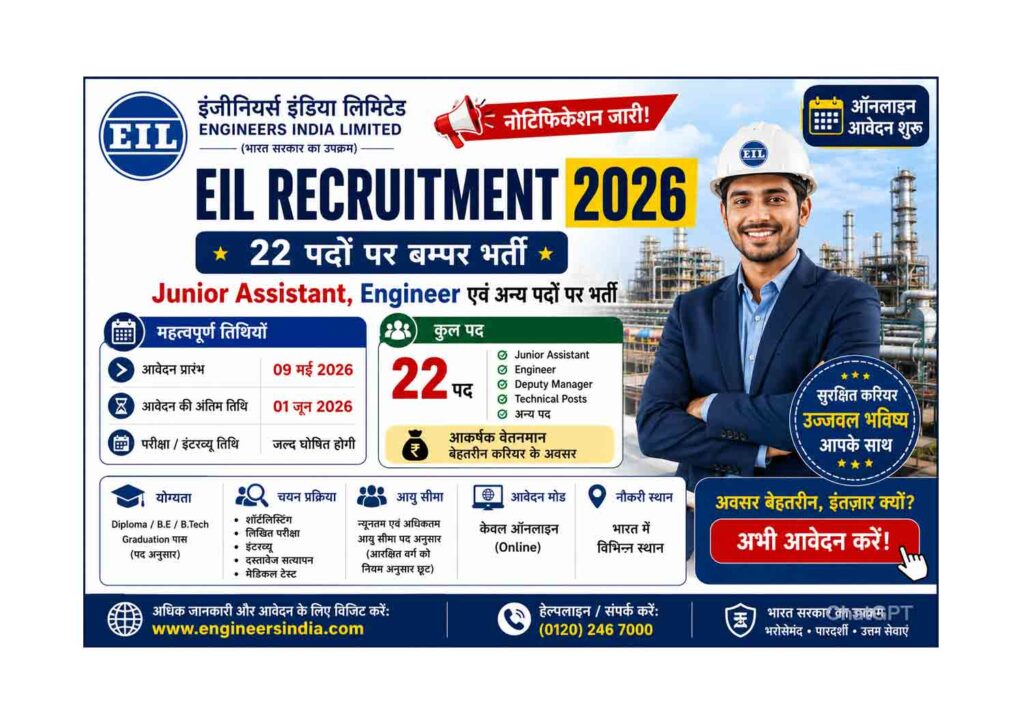 EIL Recruitment 2026 landscape poster featuring 22 vacancies for Junior Assistant, Engineer and other posts with important dates, eligibility details, and online application information.