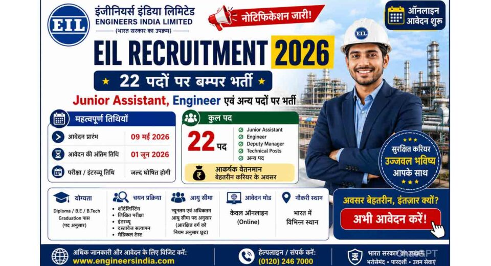 EIL Recruitment 2026 landscape poster featuring 22 vacancies for Junior Assistant, Engineer and other posts with important dates, eligibility details, and online application information.