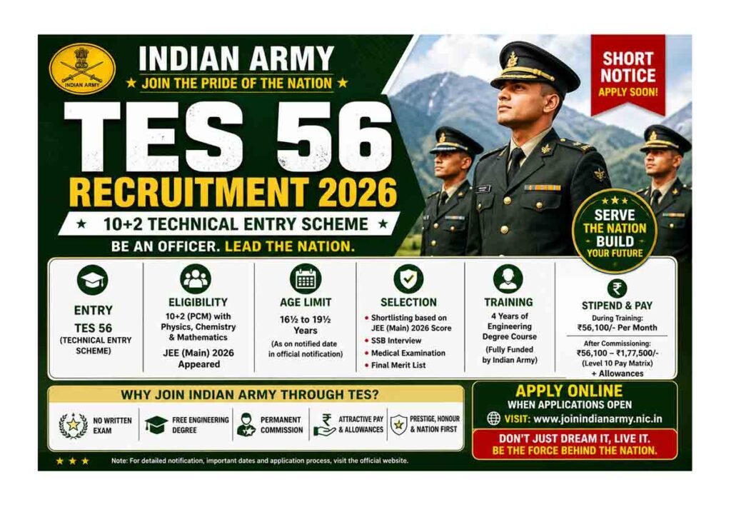 Indian Army TES 56 Recruitment 2026 Apply Online 10+2 Technical Entry Scheme