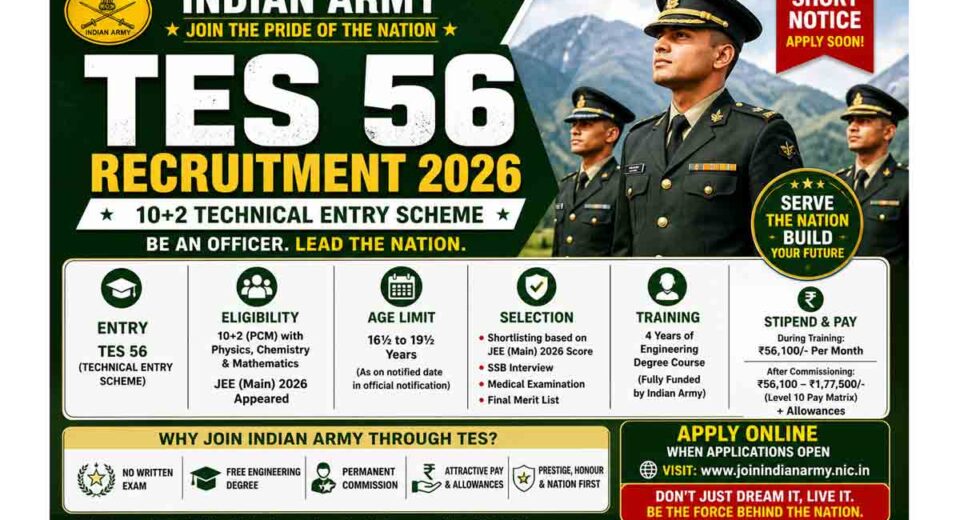 Indian Army TES 56 Recruitment 2026 Apply Online 10+2 Technical Entry Scheme