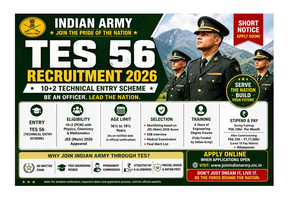 Indian Army TES 56 Recruitment 2026 Apply Online 10+2 Technical Entry Scheme