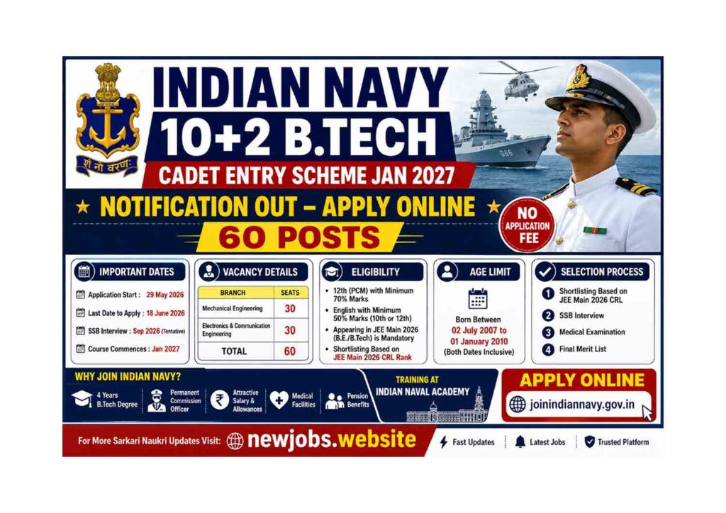 Indian Navy 10+2 B.Tech Cadet Entry Scheme Jan 2027: Apply Now Indian Navy 10+2 B.Tech Cadet Entry Scheme Jan 2027 Notification Out – Apply Online for 60 Posts
