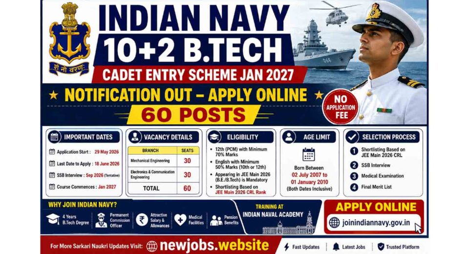 Indian Navy 10+2 B.Tech Cadet Entry Scheme Jan 2027 Notification Out – Apply Online for 60 Posts