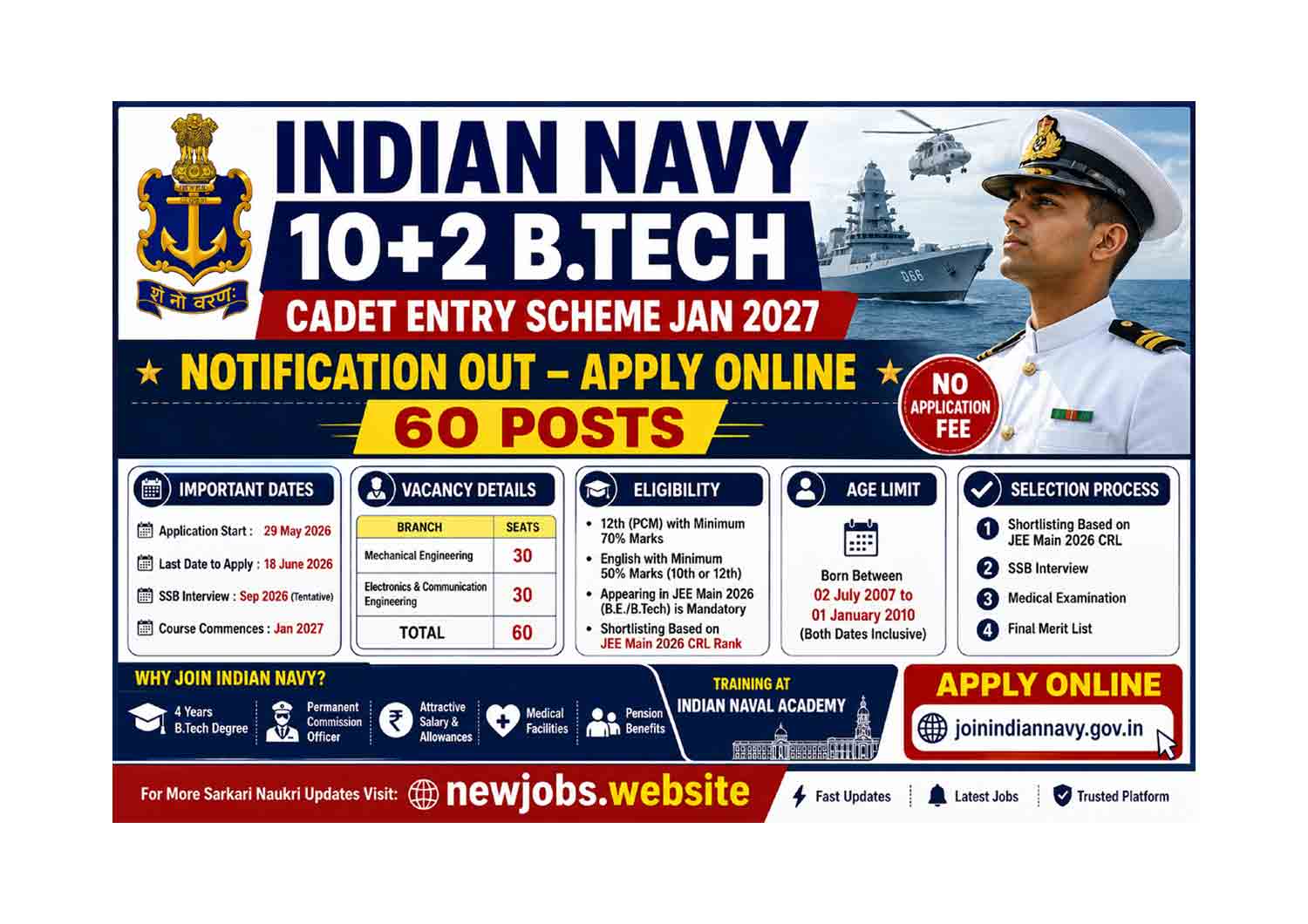 Indian Navy 10+2 B.Tech Cadet Entry Scheme Jan 2027 Notification Out – Apply Online for 60 Posts