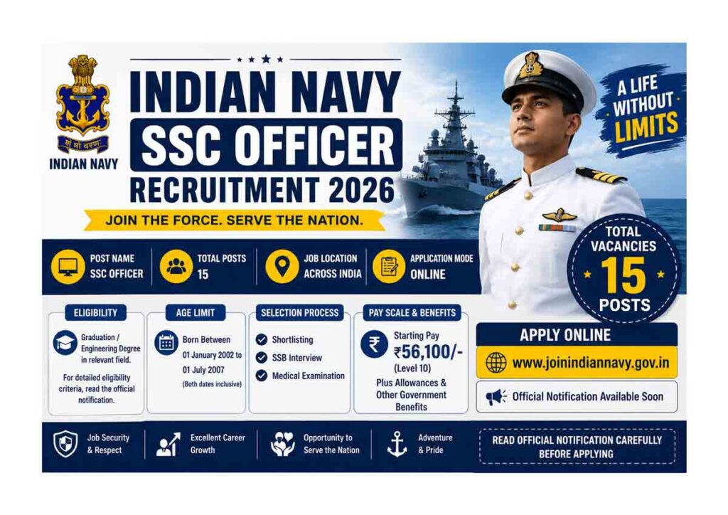 Indian Navy SSC Officer Recruitment 2026 Apply Online for 15 Posts