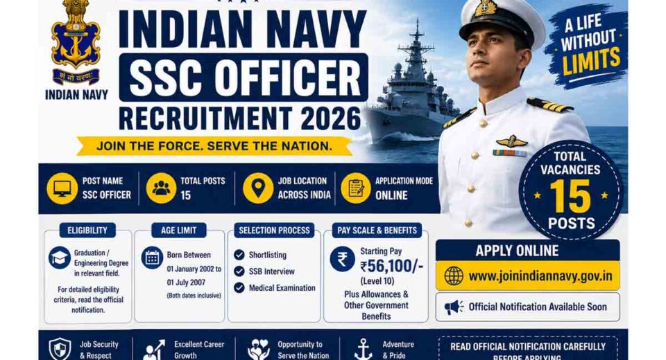 Indian Navy SSC Officer Recruitment 2026 Apply Online for 15 Posts