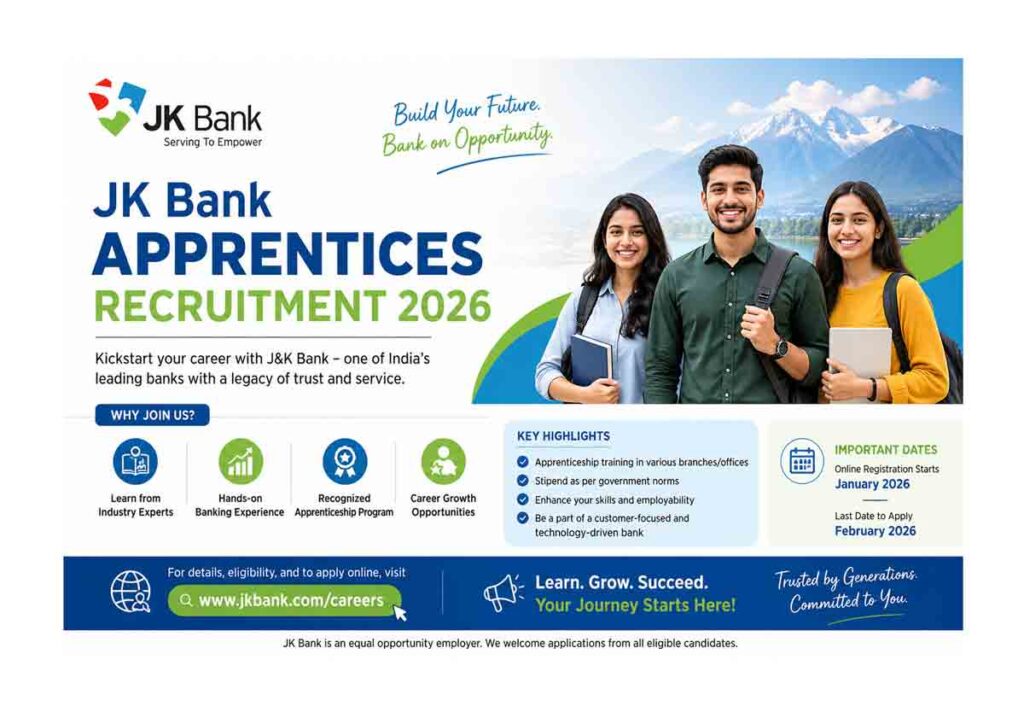 JK Bank Apprentices Recruitment 2026 पोस्टर जिसमें युवा उम्मीदवार, बैंकिंग करियर और आवेदन जानकारी दर्शाई गई है