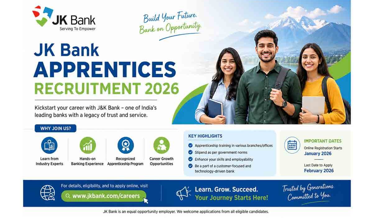 JK Bank Apprentices Recruitment 2026 पोस्टर जिसमें युवा उम्मीदवार, बैंकिंग करियर और आवेदन जानकारी दर्शाई गई है