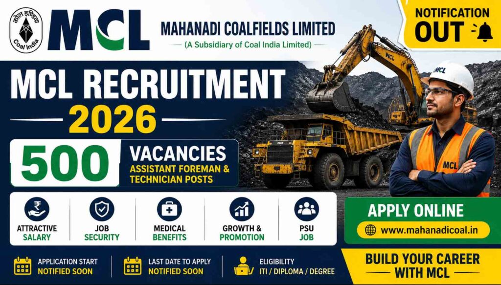 Mahanadi Coalfields Limited MCL Recruitment 2026 banner showing 500 vacancies for Assistant Foreman and Technician posts