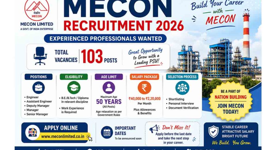MECON Experienced Professionals Recruitment 2026 Engineer Vacancy