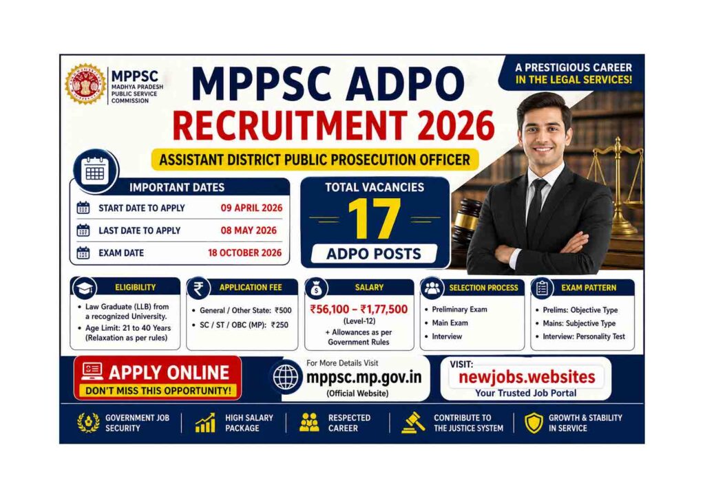 ⚖️ MPPSC ADPO Recruitment 2026: Apply Now MPPSC ADPO Recruitment 2026 poster apply online 17 vacancy last date 08 May 2026 exam 18 October 2026